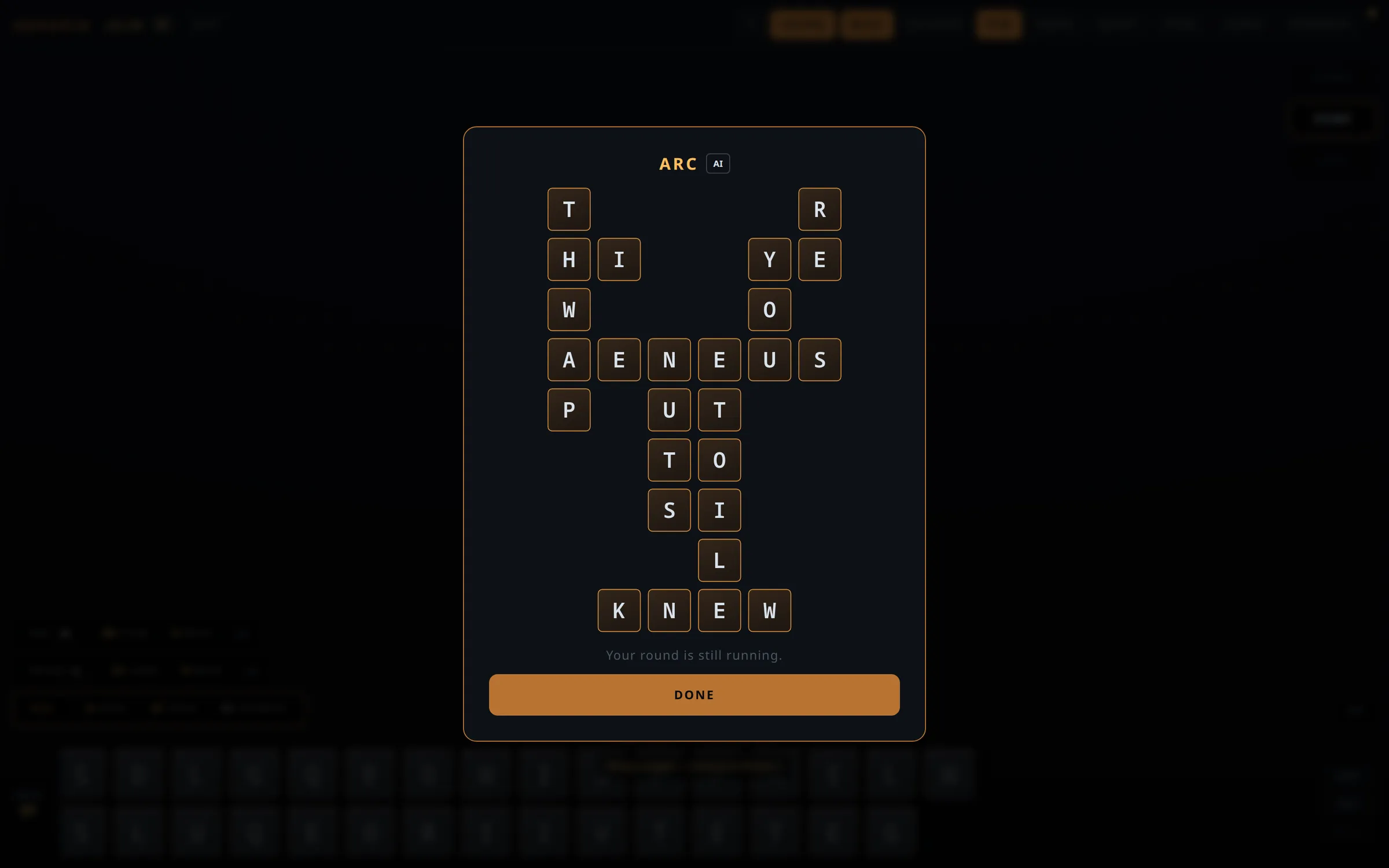 Anagrid mid-round, showing a computer opponent’s finished crossword of amber letter tiles on a dark circuit-board theme.