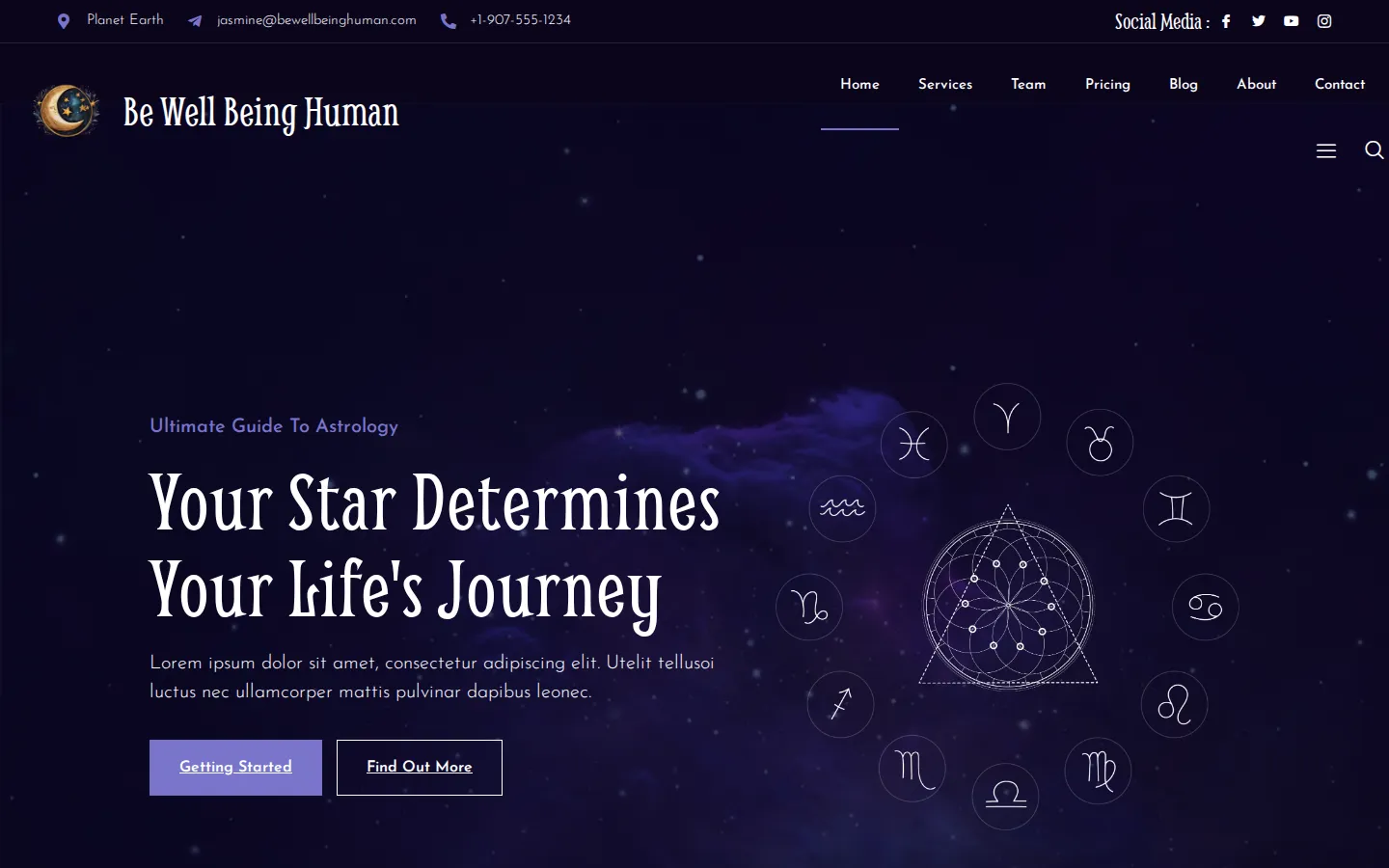 The Be Well Being Human home page on a laptop, with a deep purple starry sky, a ring of zodiac signs and the headline “Your Star Determines Your Life’s Journey”.