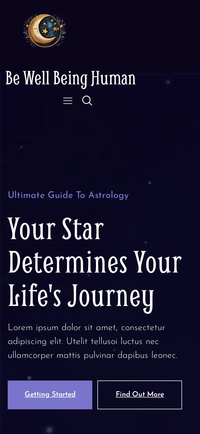 The same page on a phone, with the moon logo above the headline.