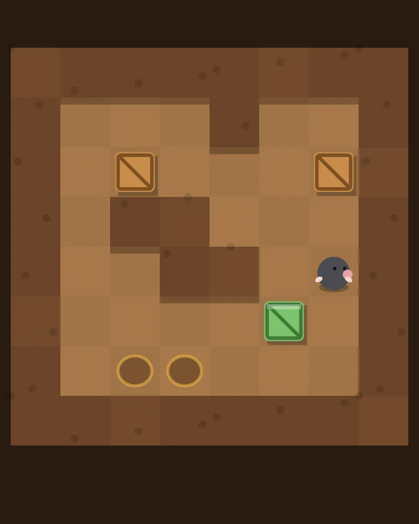 A Box Burrow puzzle: a mole in an earthen burrow with crates to push onto round target holes.