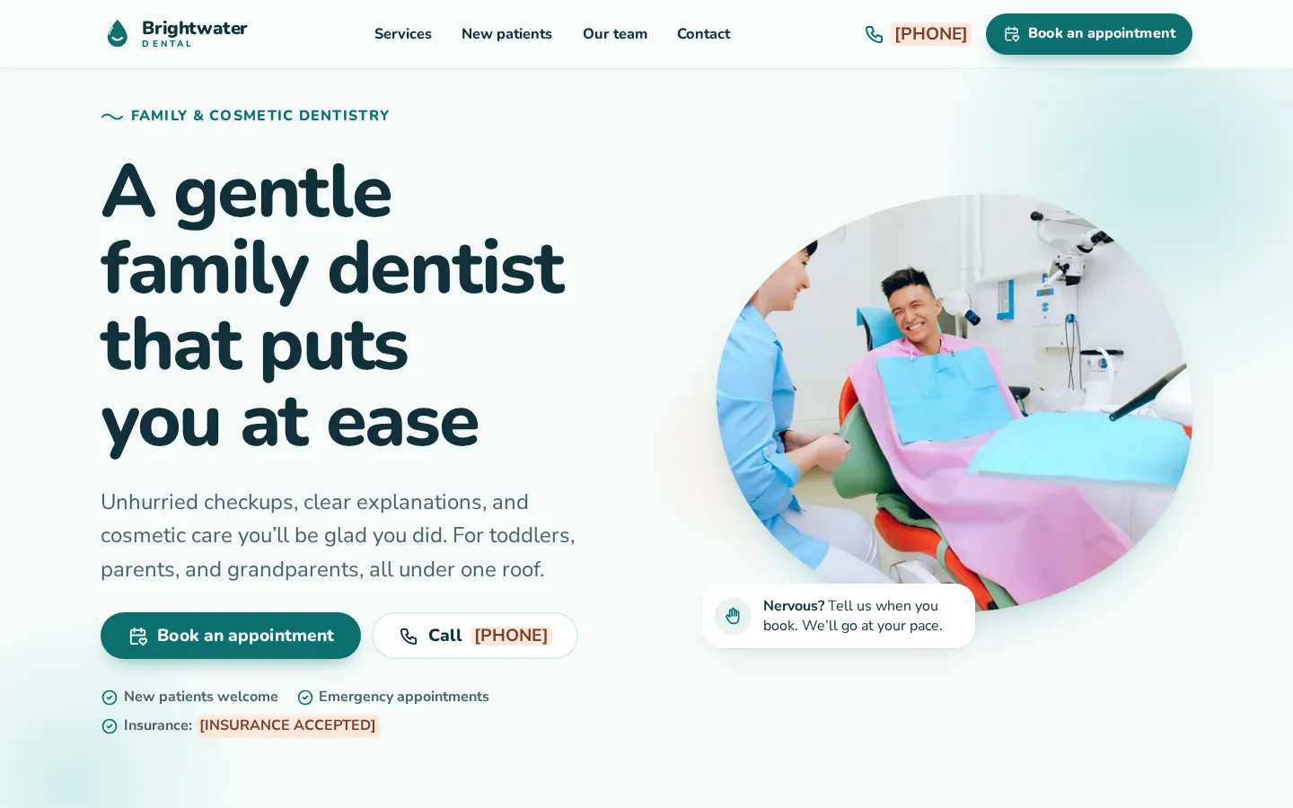 The Brightwater Dental demo on a laptop, with the headline “A gentle family dentist that puts you at ease” beside a round photo of a smiling patient in the chair.