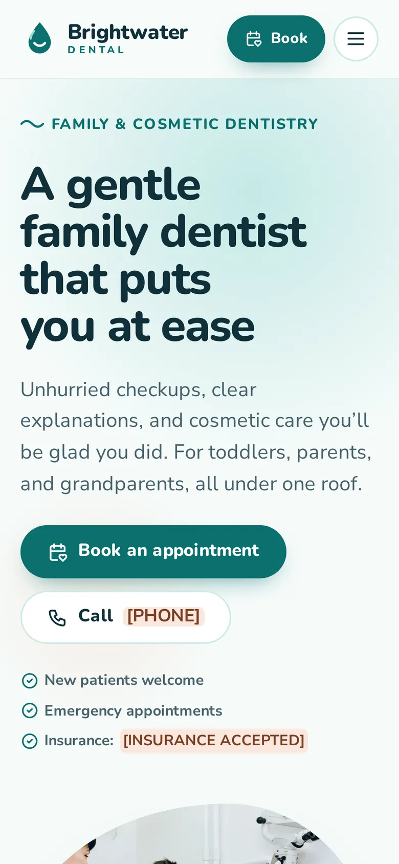 The same page on a phone, with a teal “Book an appointment” button.