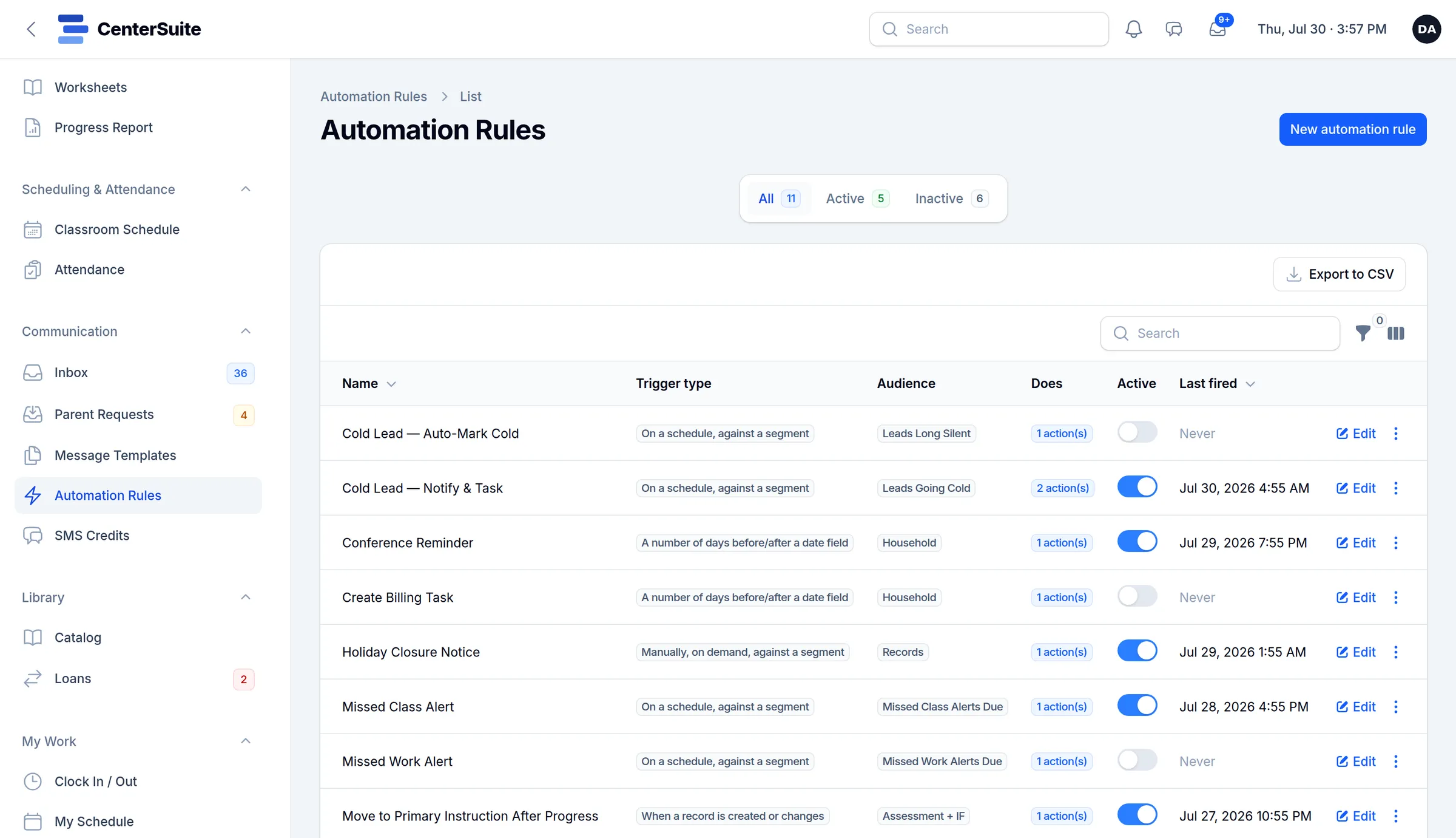 CenterSuite’s automation rules list, including cold-lead follow-ups, conference reminders, a holiday closure notice and missed-class alerts, each with an on/off switch and when it last ran.