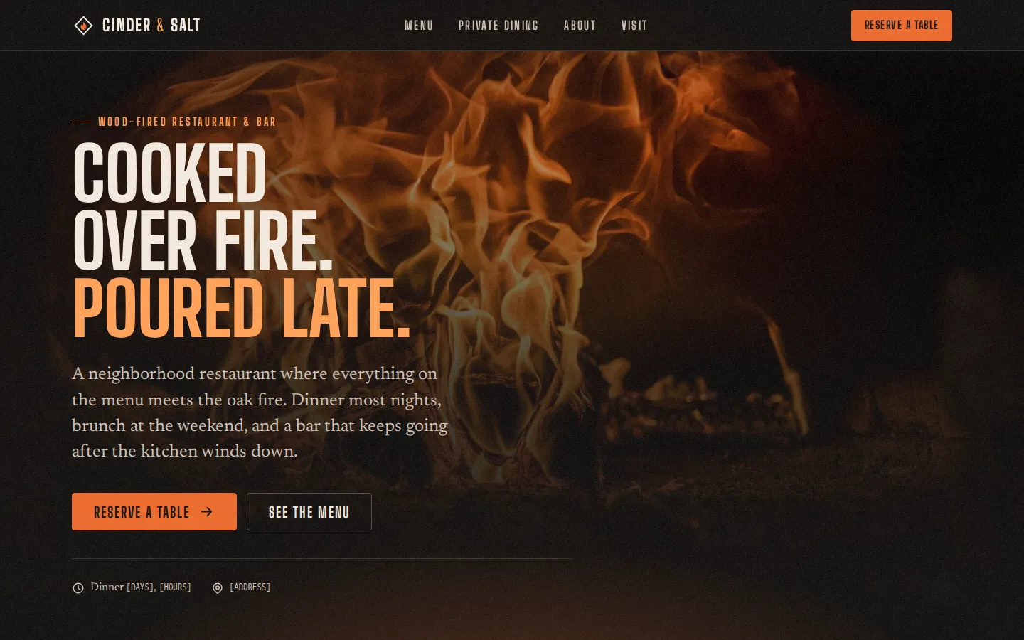 The Cinder & Salt demo on a laptop, with the headline “Cooked over fire. Poured late.” over a dark photo of flames.