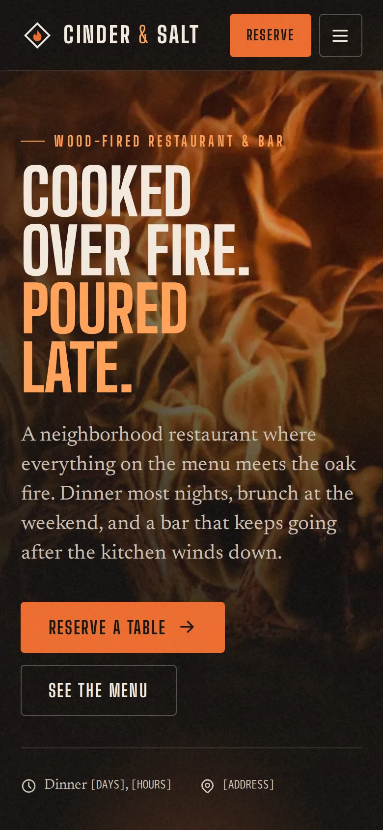 The same page on a phone, with an orange “Reserve a table” button.