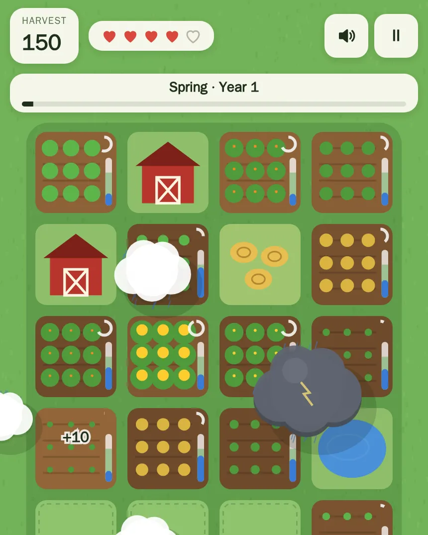 Cloudherd's farm: a grid of fields and barns under drifting clouds and a dark storm cloud, with the spring harvest count above.
