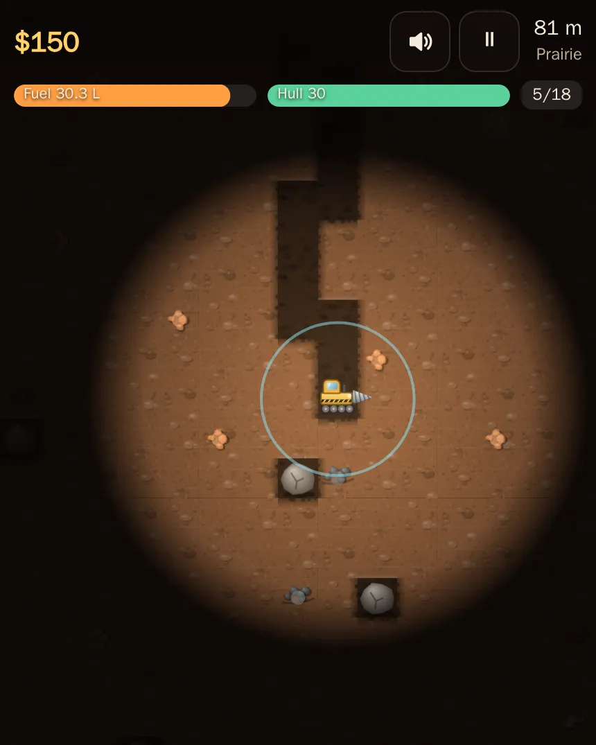 Deep Seam underground: a drilling rig in a circle of lamplight, with ore deposits in the dark earth and money, fuel and depth gauges above.