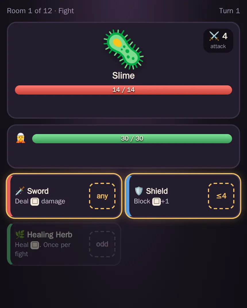 A Dice Dungeon fight: a green slime with its health bar, above the player's sword, shield and healing herb, each waiting for a die.