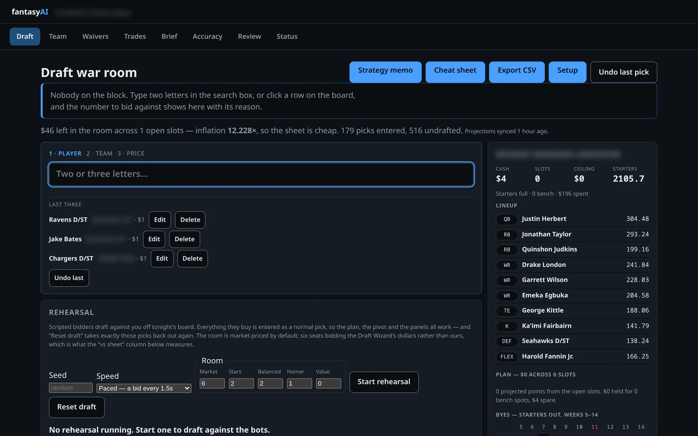 The draft war room, with a pick entry box, the last three picks, a rehearsal panel for mock drafts and the drafted lineup with projected points. League and team names are blurred.