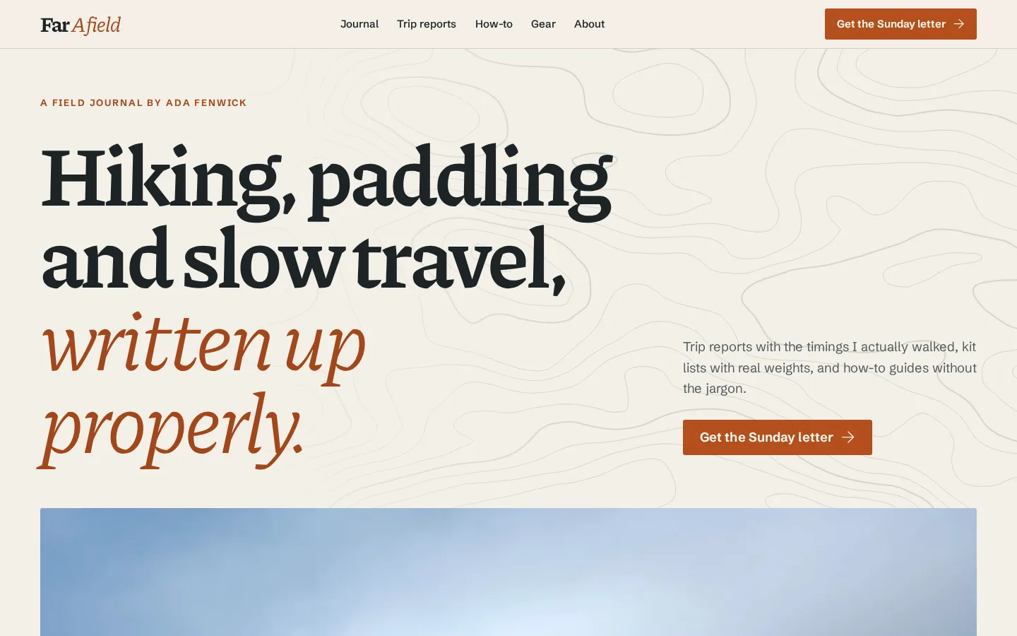 The Far Afield demo on a laptop, with the headline “Hiking, paddling and slow travel, written up properly.” over a faint contour-line pattern.