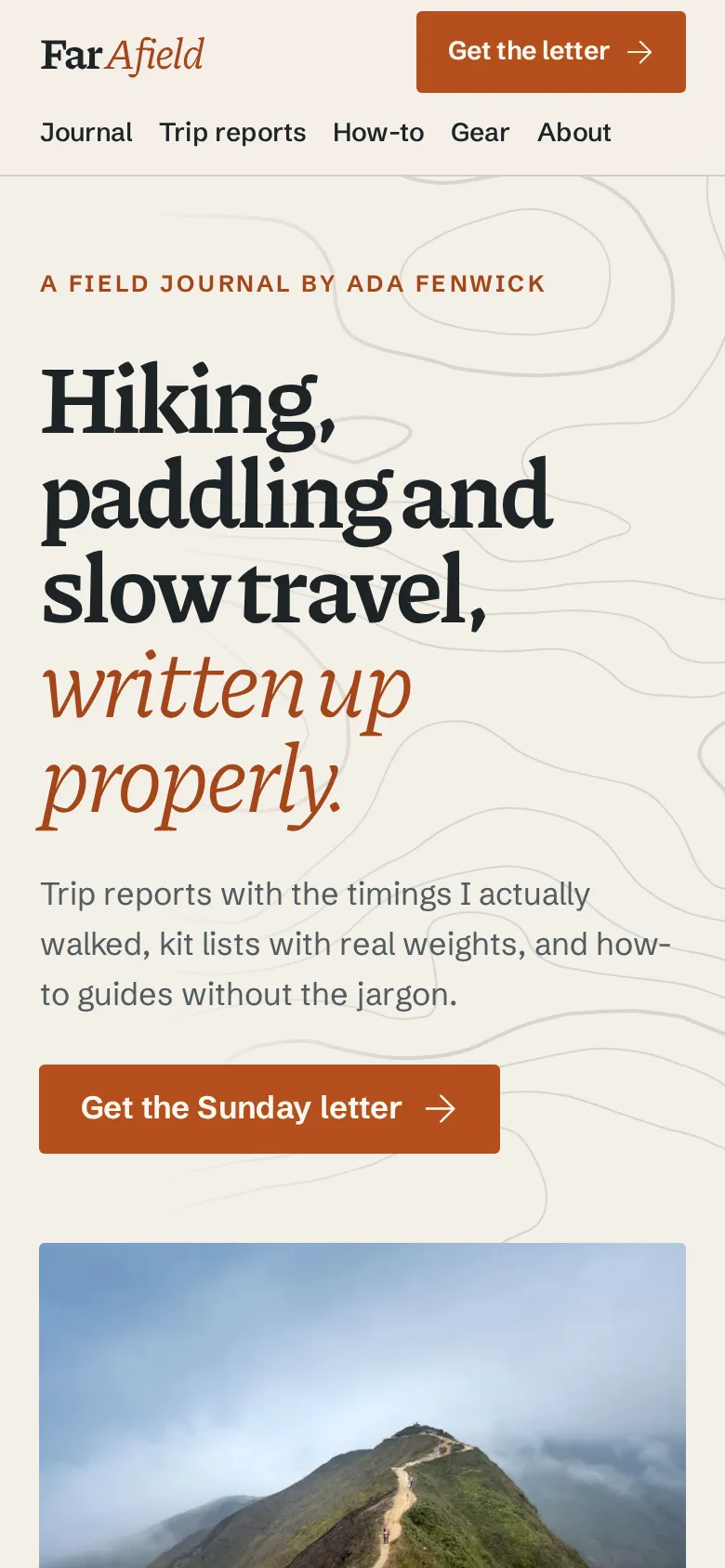 The same page on a phone, with a rust “Get the Sunday letter” button under the headline.