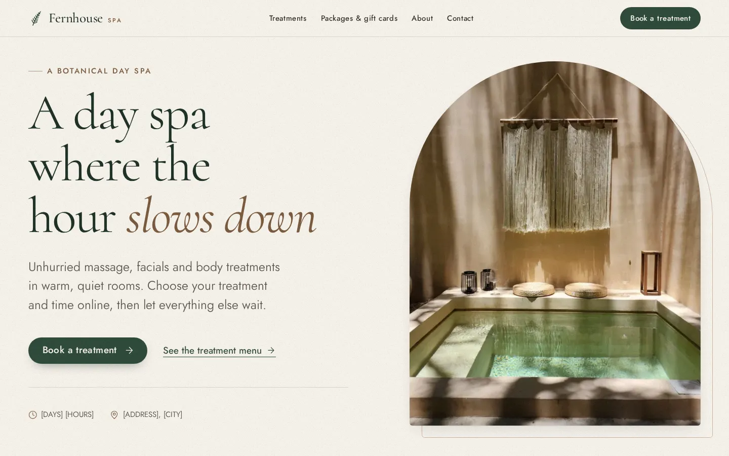 The Fernhouse Spa demo on a laptop, with the headline “A day spa where the hour slows down” beside an arched photo of a stone soaking pool.