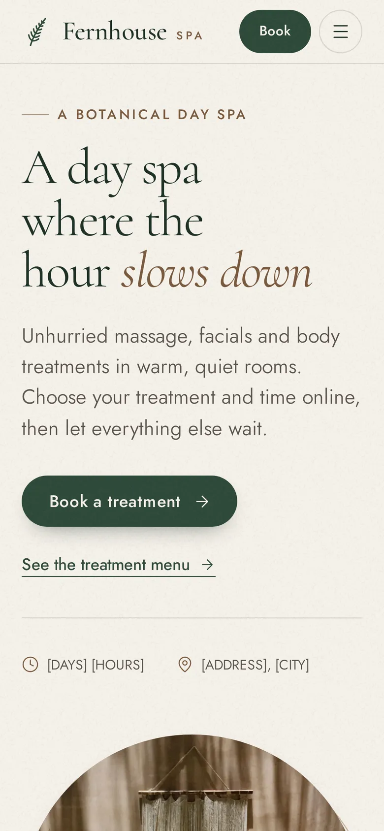 The same page on a phone, with a green “Book a treatment” button under the headline.