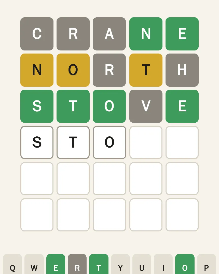 A Five Letters board with three guesses scored in green, yellow and grey tiles and a fourth word being typed.