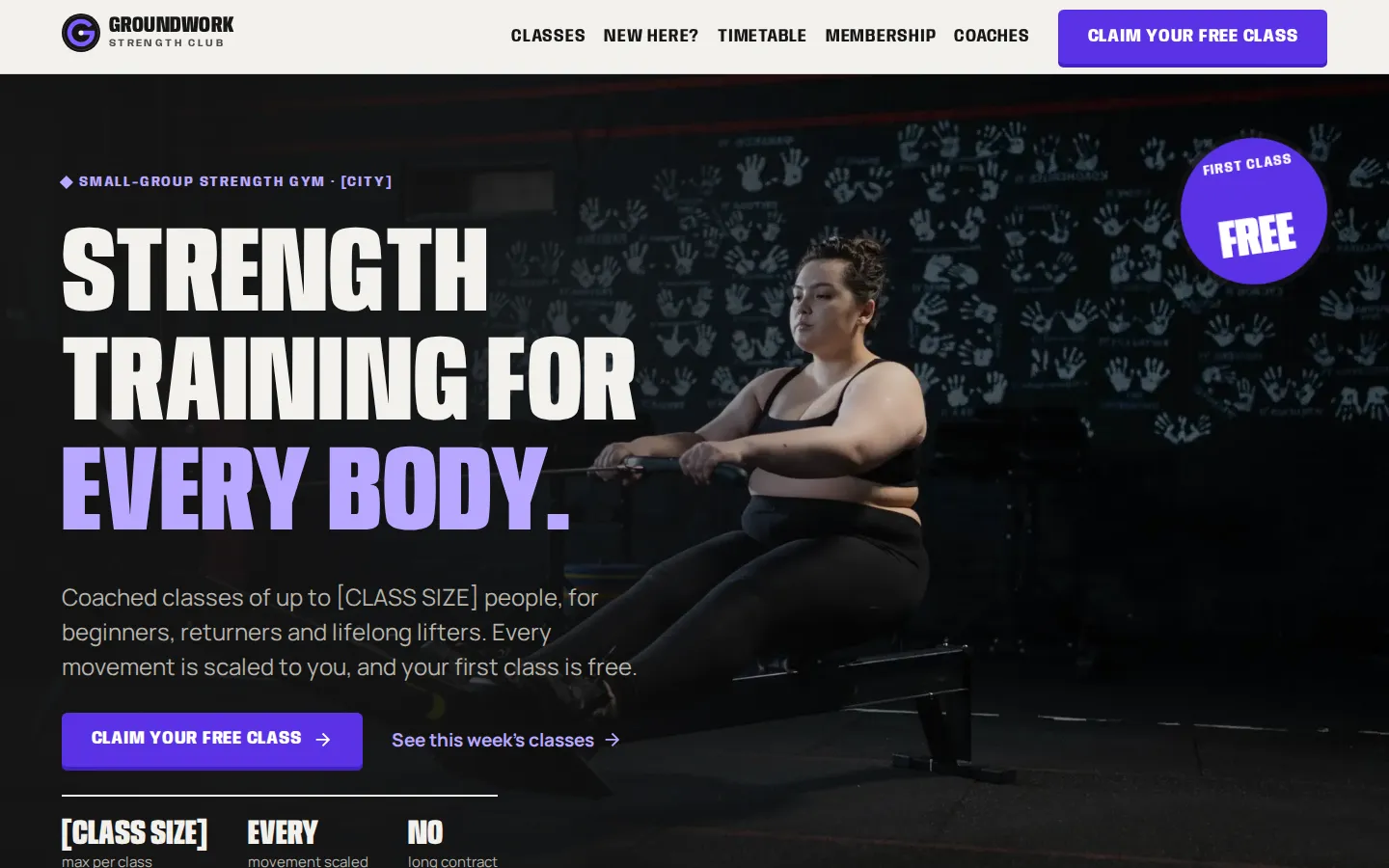 The Groundwork Strength Club demo on a laptop, with the headline “Strength training for every body.” over a full-width photo of a member on a rowing machine in a dark gym, and a round “First class free” badge.