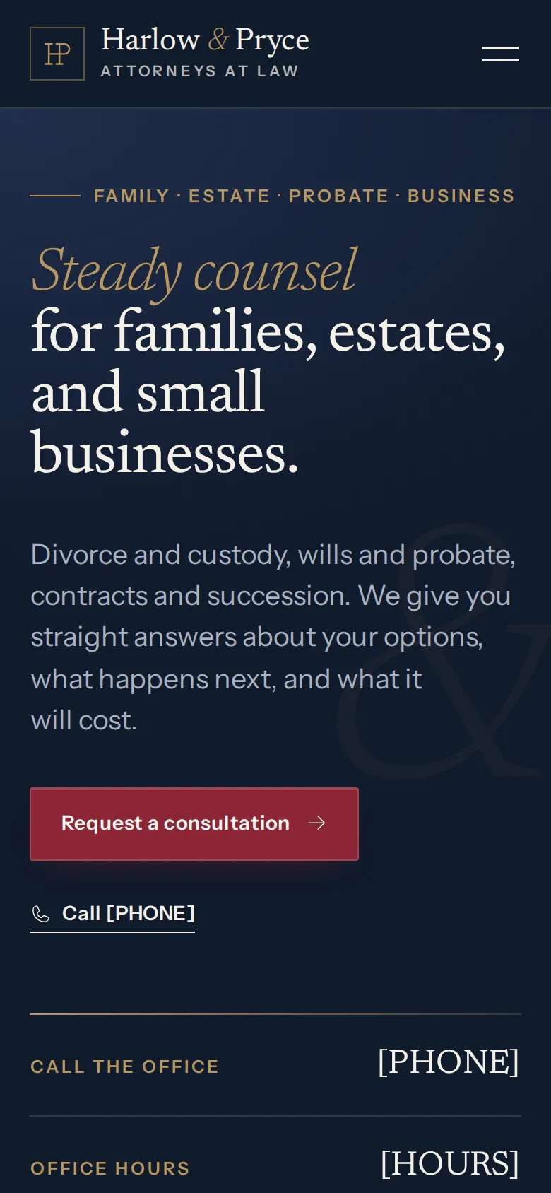 The same page on a phone, with an oxblood “Request a consultation” button.