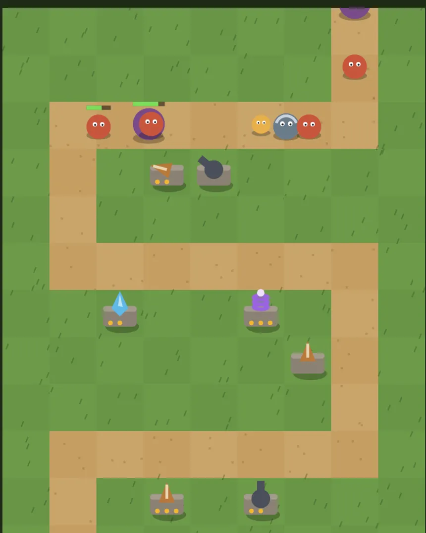 Hold the Pass from above: a winding dirt road across grass, with towers along it and a line of monsters on the way.