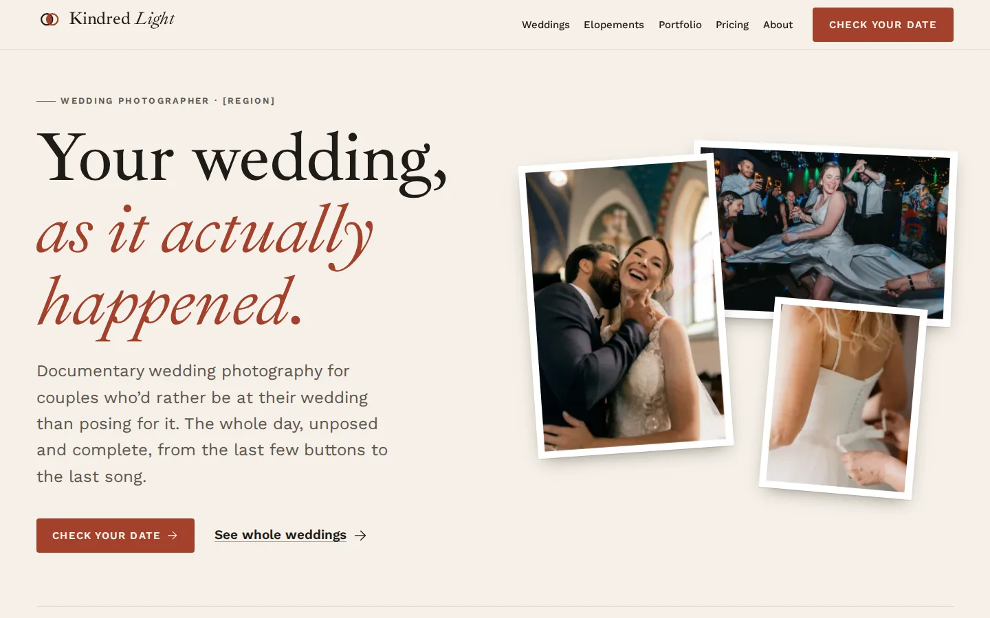 The Kindred Light demo on a laptop, with the headline “Your wedding, as it actually happened.” beside three overlapping wedding prints, a laughing couple, a bride spinning on the dance floor and a dress being buttoned.