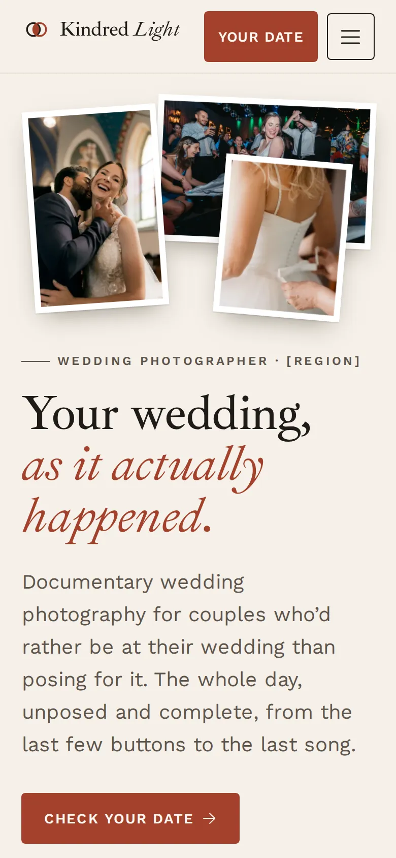 The same page on a phone, with the three prints above the headline and a rust-red “Check your date” button below it.