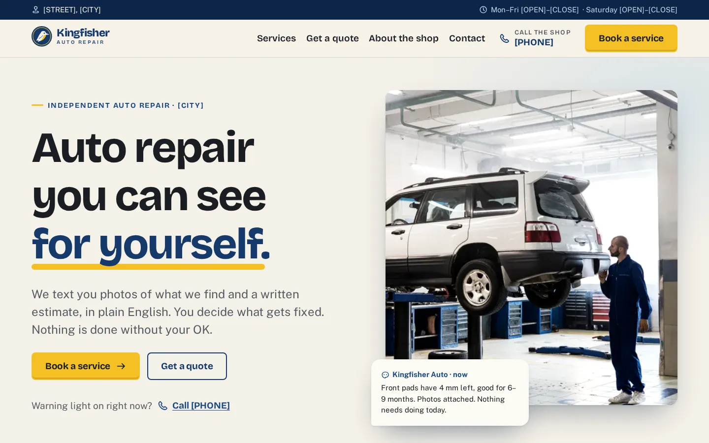 The Kingfisher Auto Repair demo on a laptop, with the headline “Auto repair you can see for yourself.” beside a photo of a mechanic inspecting an SUV on a lift.