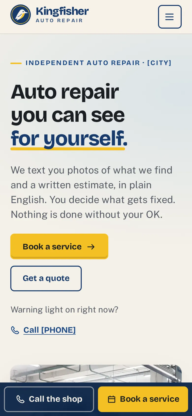 The same page on a phone, with a yellow “Book a service” button and a call bar fixed to the bottom of the screen.