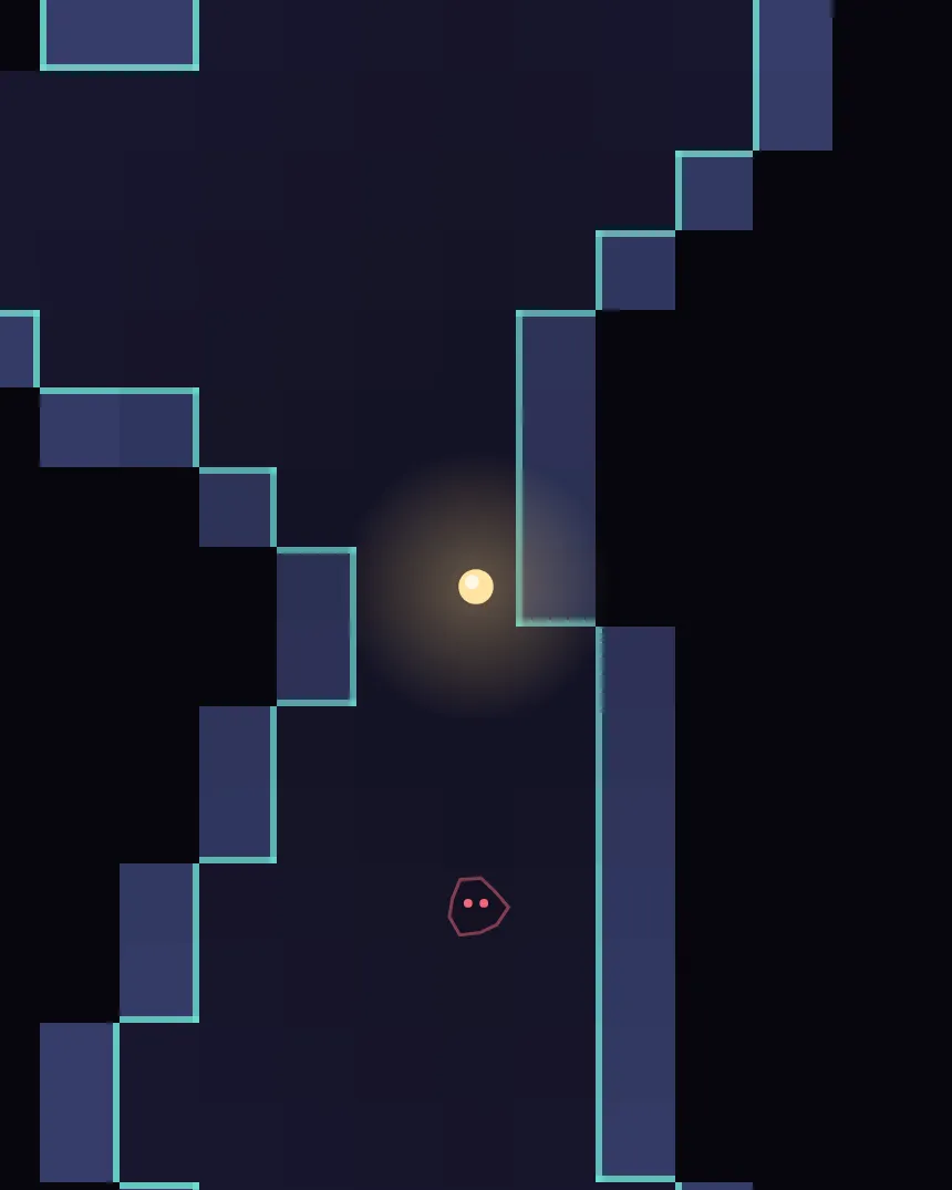 Lantern Hollow: a small creature in a dark cave, its lantern lighting the jagged walls around it.