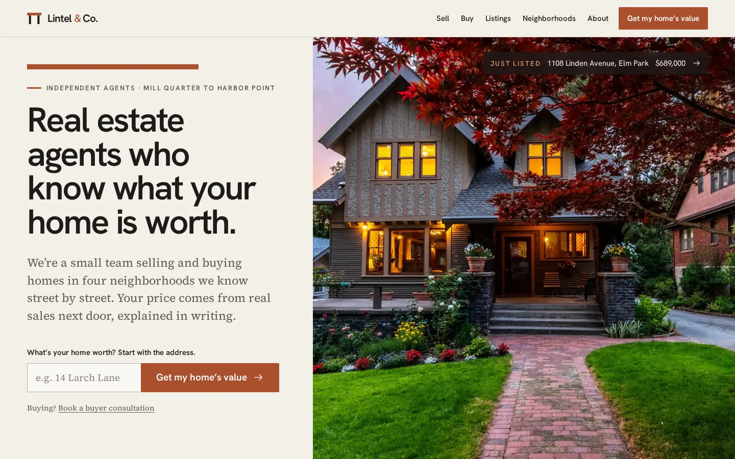 The Lintel & Co. demo on a laptop, with the headline “Real estate agents who know what your home is worth.” beside a photo of a lit Craftsman house at dusk.