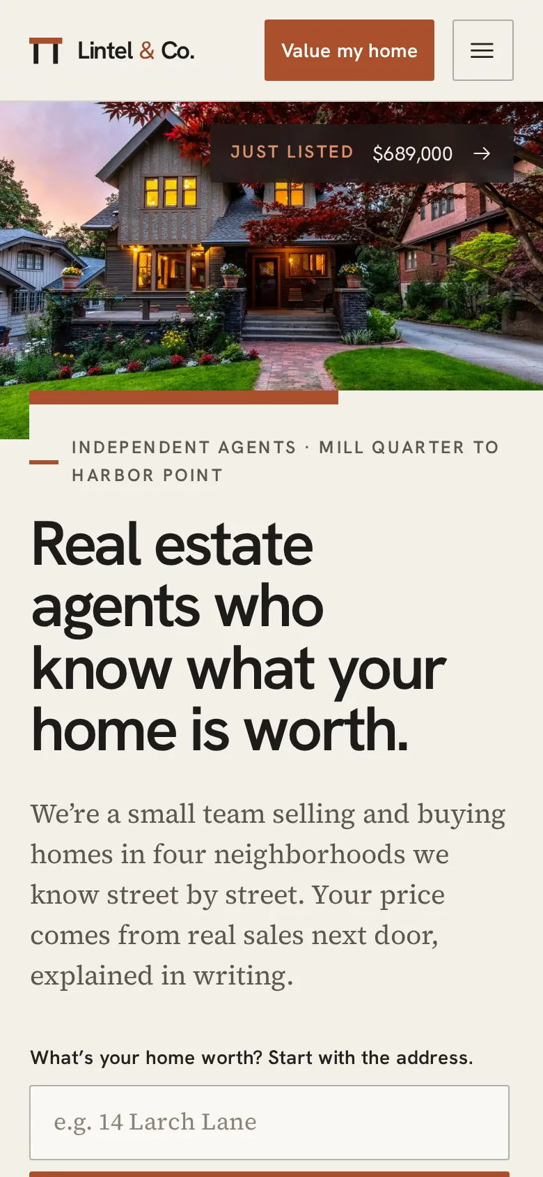 The same page on a phone, with an address box and a clay “Get my home’s value” button.
