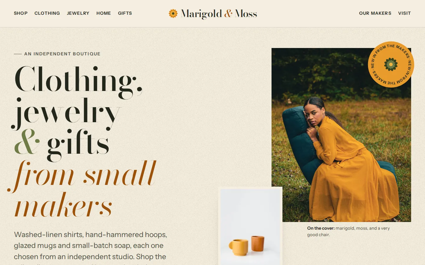 The Marigold & Moss demo on a laptop, with the headline “Clothing, jewelry & gifts from small makers” beside a photo of a woman in a marigold dress and a round “New in from the makers” sticker.
