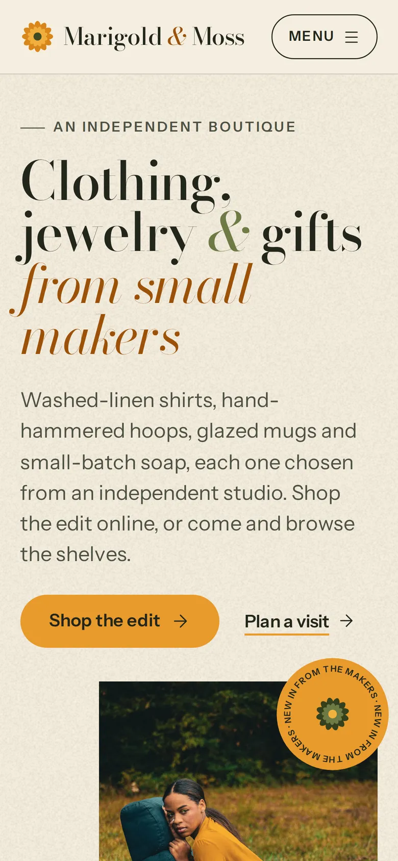 The same page on a phone, with a marigold “Shop the edit” button.