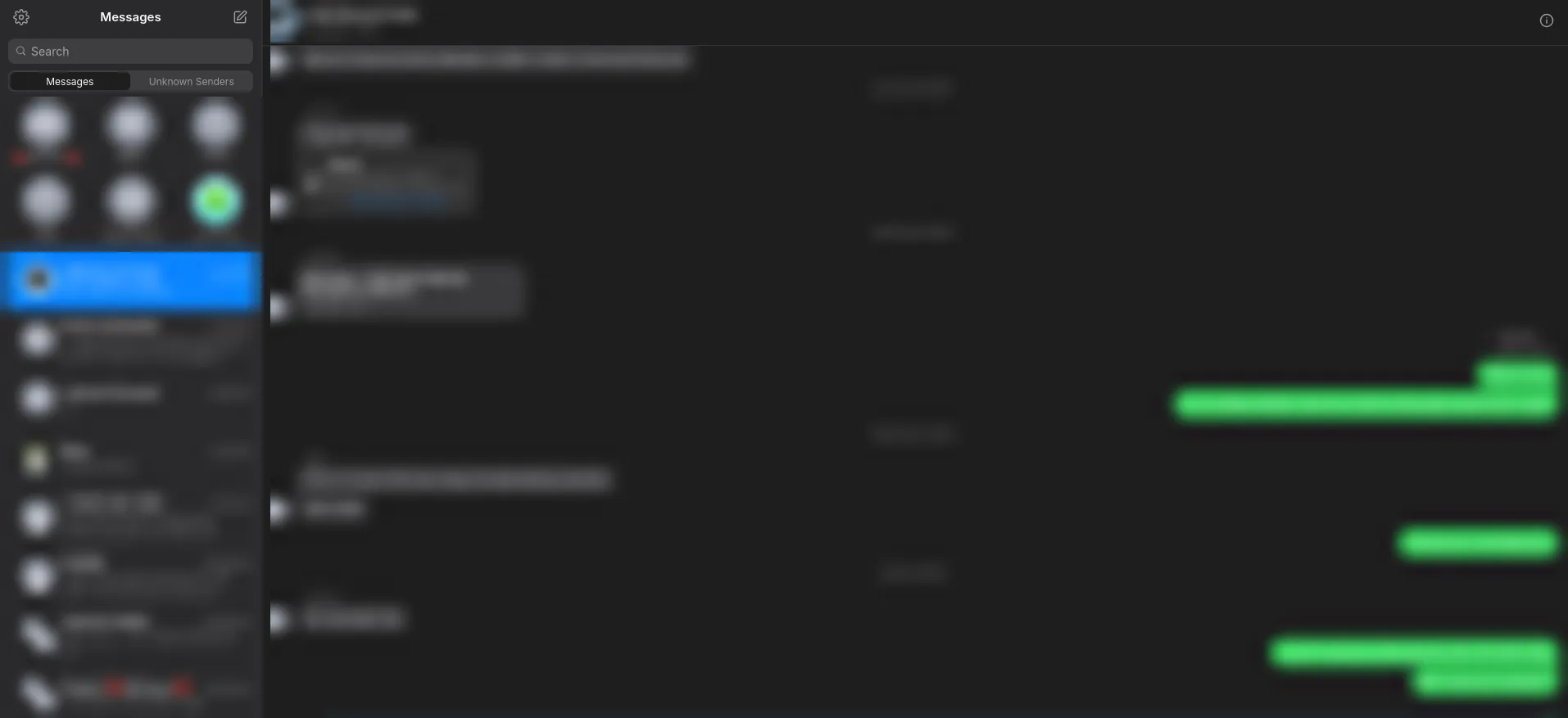 Web Messaging in a browser, with pinned contacts and the chat list on the left and a group conversation with grey and green message bubbles on the right. Every name and message is blurred.