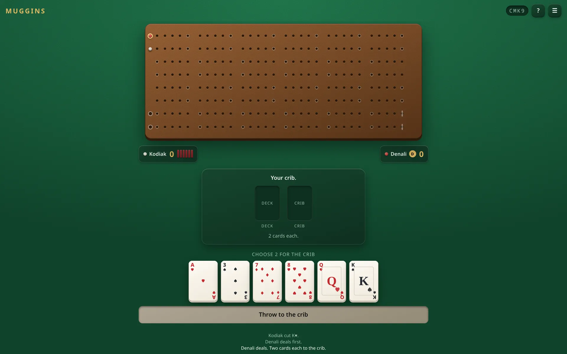 A Muggins game on a laptop, with a wooden cribbage board above a green felt table and six cards dealt, waiting to be thrown to the crib.