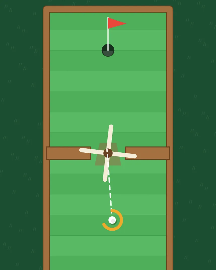 A Nine Holes green: a narrow fairway with a spinning windmill between the ball and the flag, and an aiming line.