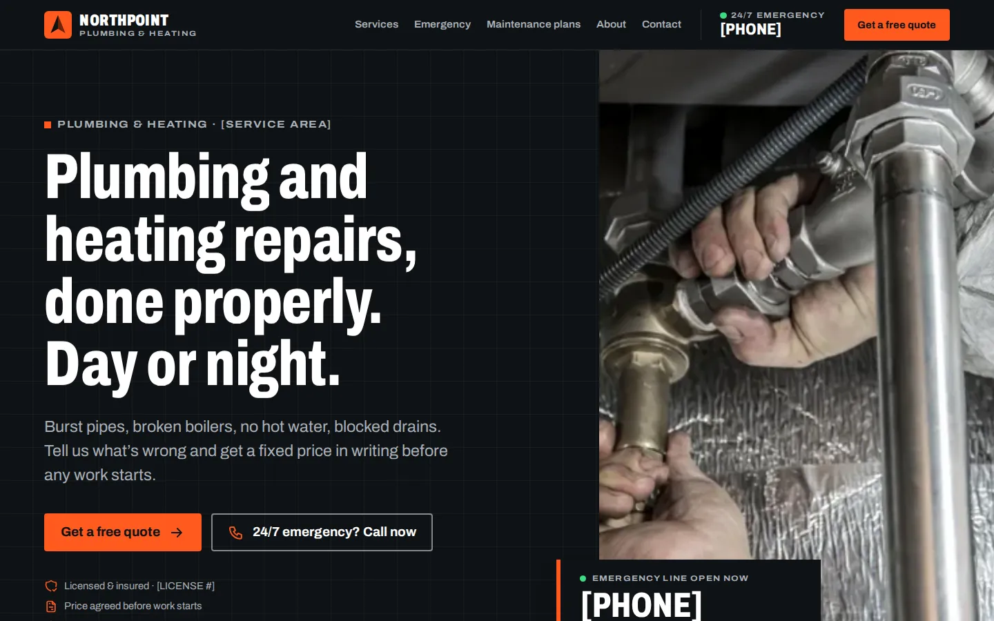 The Northpoint Plumbing & Heating demo on a laptop, with the headline “Plumbing and heating repairs, done properly. Day or night.” beside a photo of hands tightening a pipe fitting.