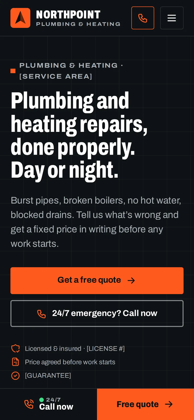 The same page on a phone, with a “Get a free quote” button and a call bar fixed to the bottom of the screen.