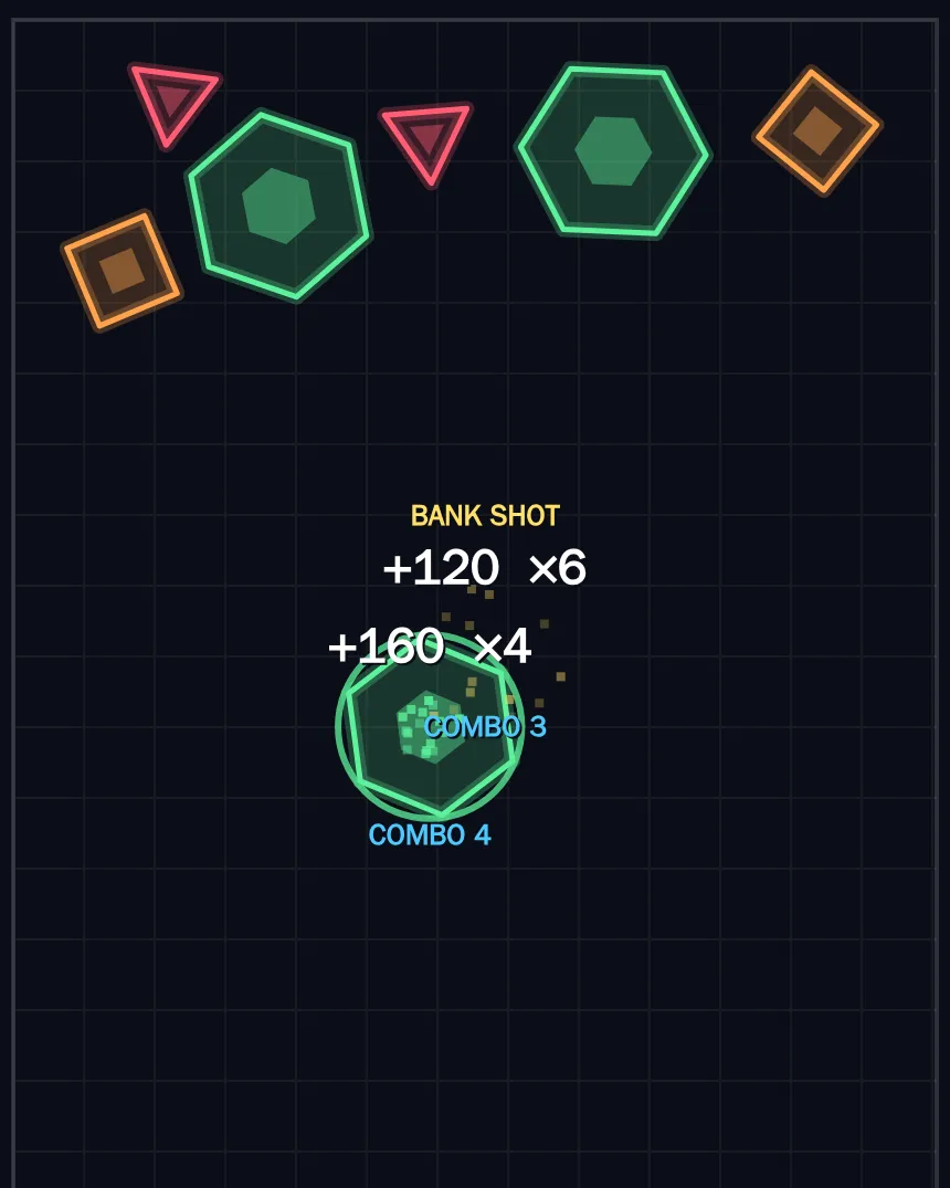 Polypop: glowing triangles, squares and hexagons on a dark grid, with a bank-shot bonus and combo counter.