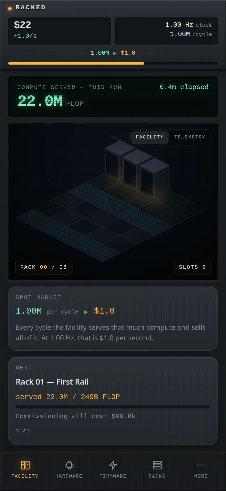 Racked on a phone, showing money and compute counters above an isometric datacenter floor with three server racks glowing amber.