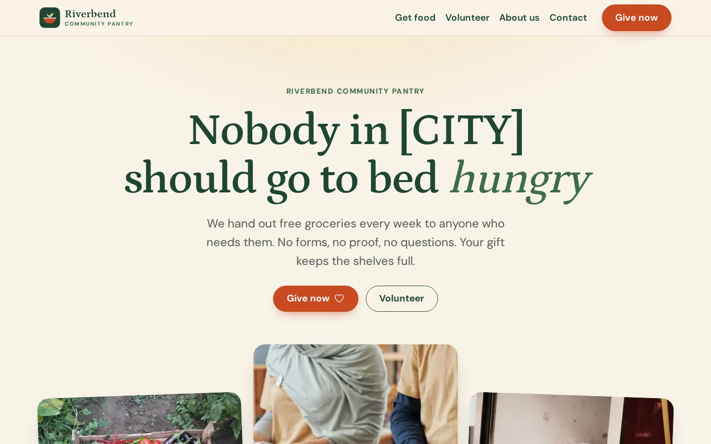 The Riverbend Community Pantry demo on a laptop, with a centered headline about nobody in town going to bed hungry, above Give now and Volunteer buttons and a strip of photos of vegetables and volunteers.