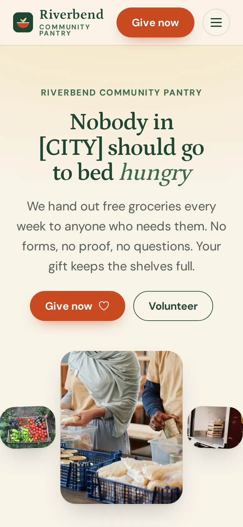 The same page on a phone, with the headline, the two buttons and the photo strip below.