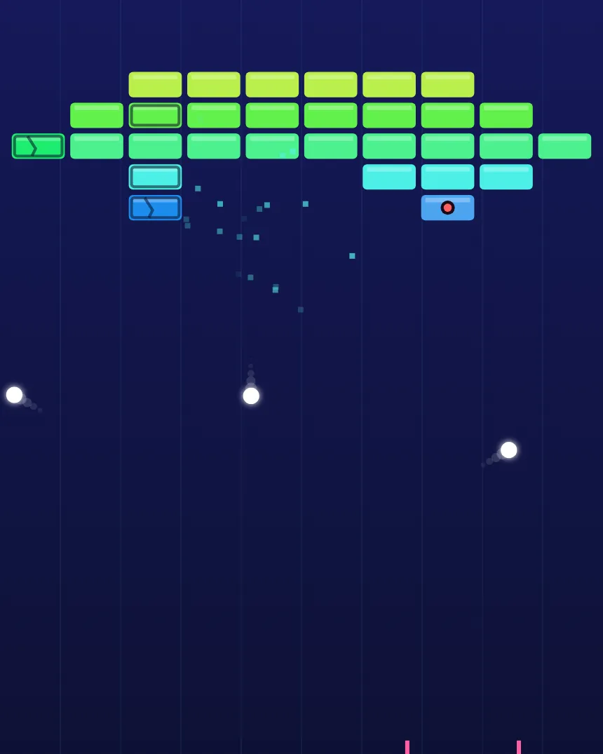 Shatterline mid-rally: rows of green and teal bricks at the top of a dark field, with three glowing balls in play.