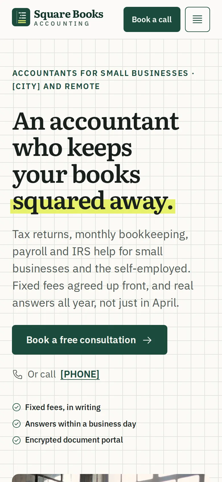 The same page on a phone, with a green “Book a free consultation” button under the headline.