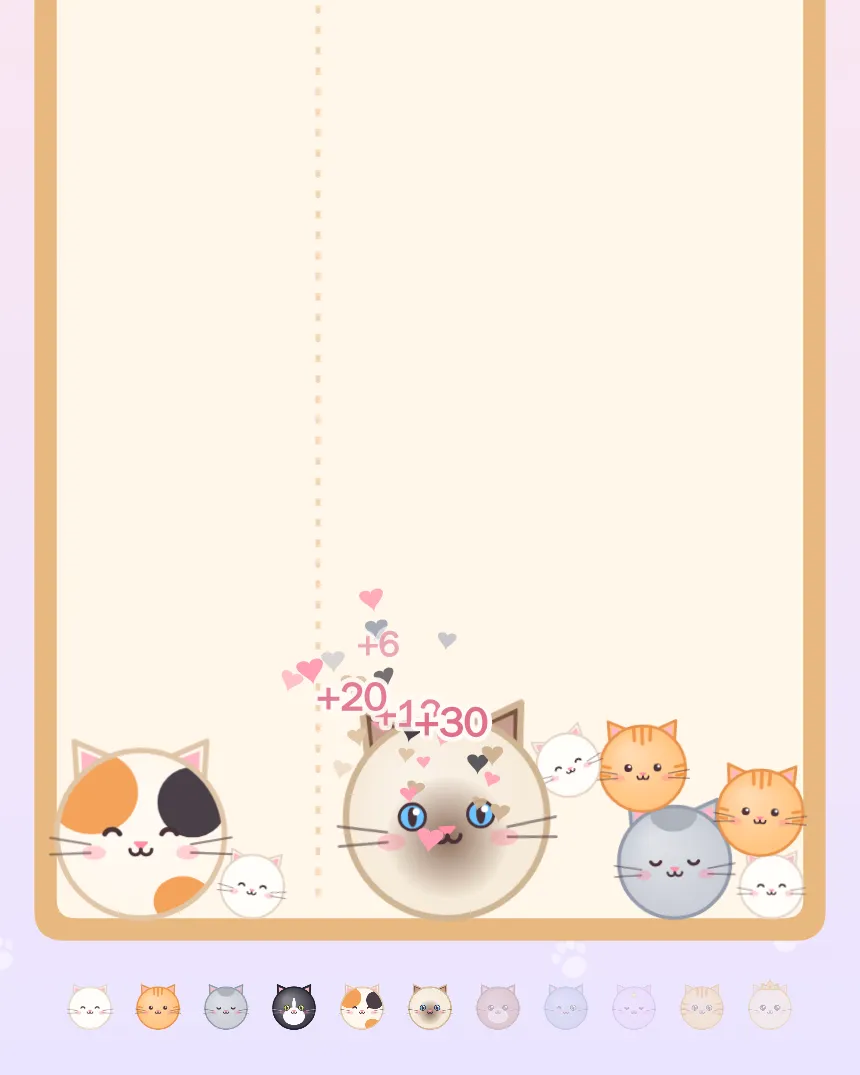 Stacking Cats: round cartoon cats piled in a box, two merging with a burst of hearts and points.