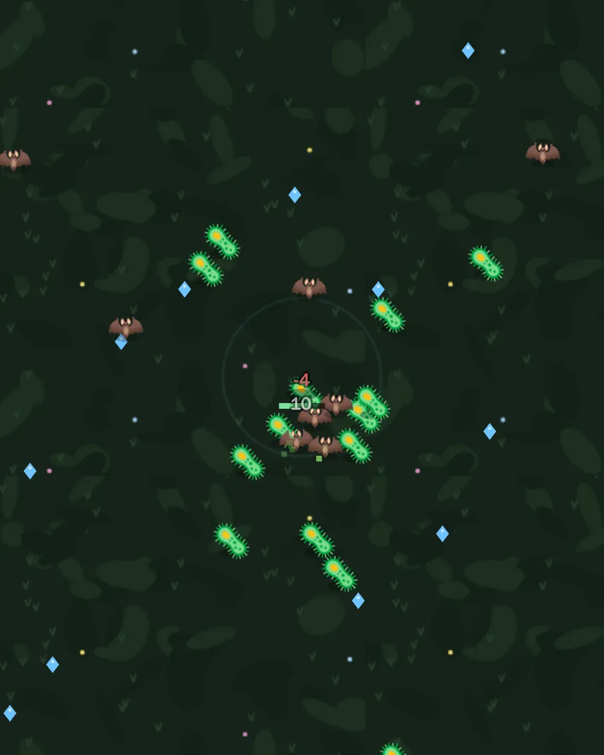 Survivor Swarm: a wizard in the middle of a dark forest clearing, surrounded by bats and glowing green gems.