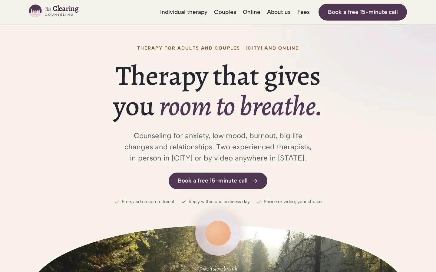 The Clearing Counseling demo on a laptop, with the headline “Therapy that gives you room to breathe.” centered above a wide, dome-topped photo of a sunlit forest clearing.