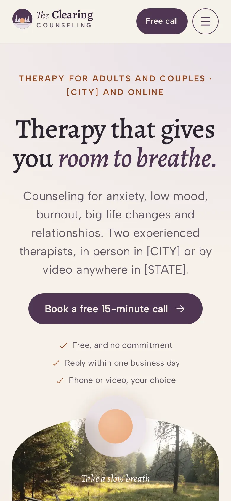 The same page on a phone, with a plum “Book a free 15-minute call” button under the headline.