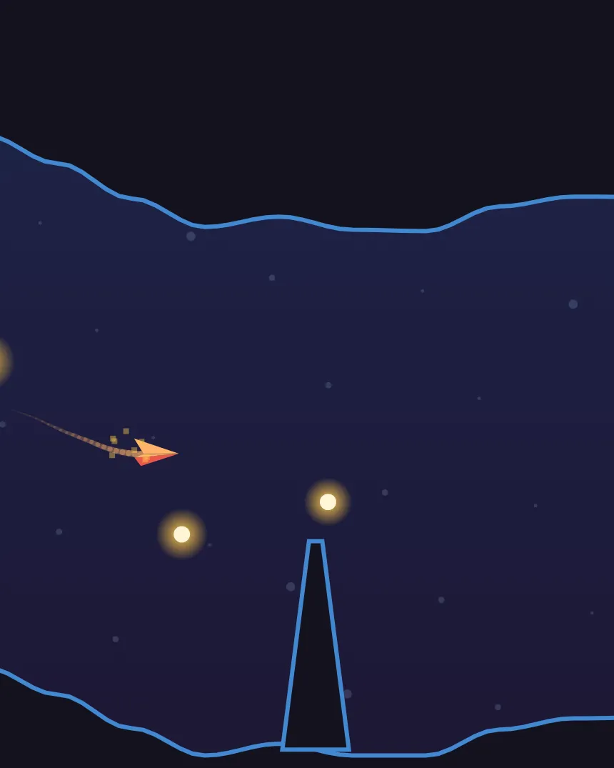 An Updraft flight: a small glowing craft trailing sparks through a dark cave, past floating lights and a rock spire.